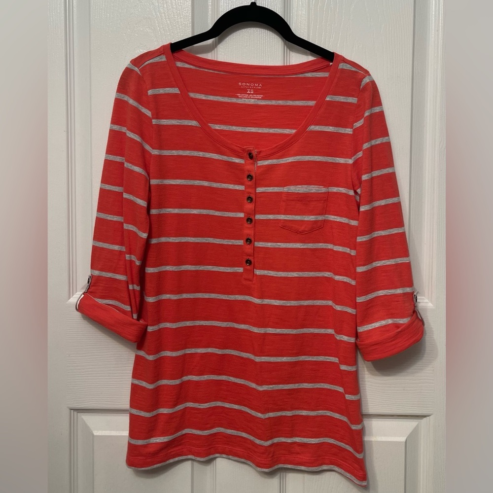 Sonoma Orange Gray Striped 3/4 Sleeve 1/4 Button Pocket Top